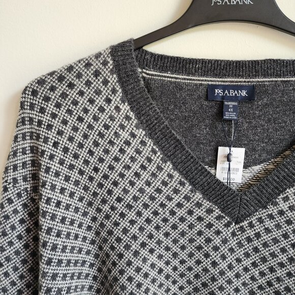 4XL Sweater Gray White Jos A Bank V Neck Nordic New Winter Wool Blend 4XB Jumper - Picture 9 of 17